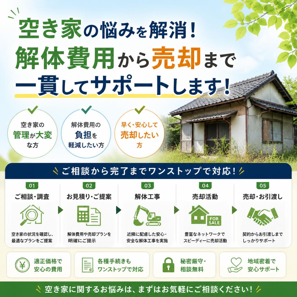空き家の悩みを解消！解体費用から売却まで一貫してサポートします！